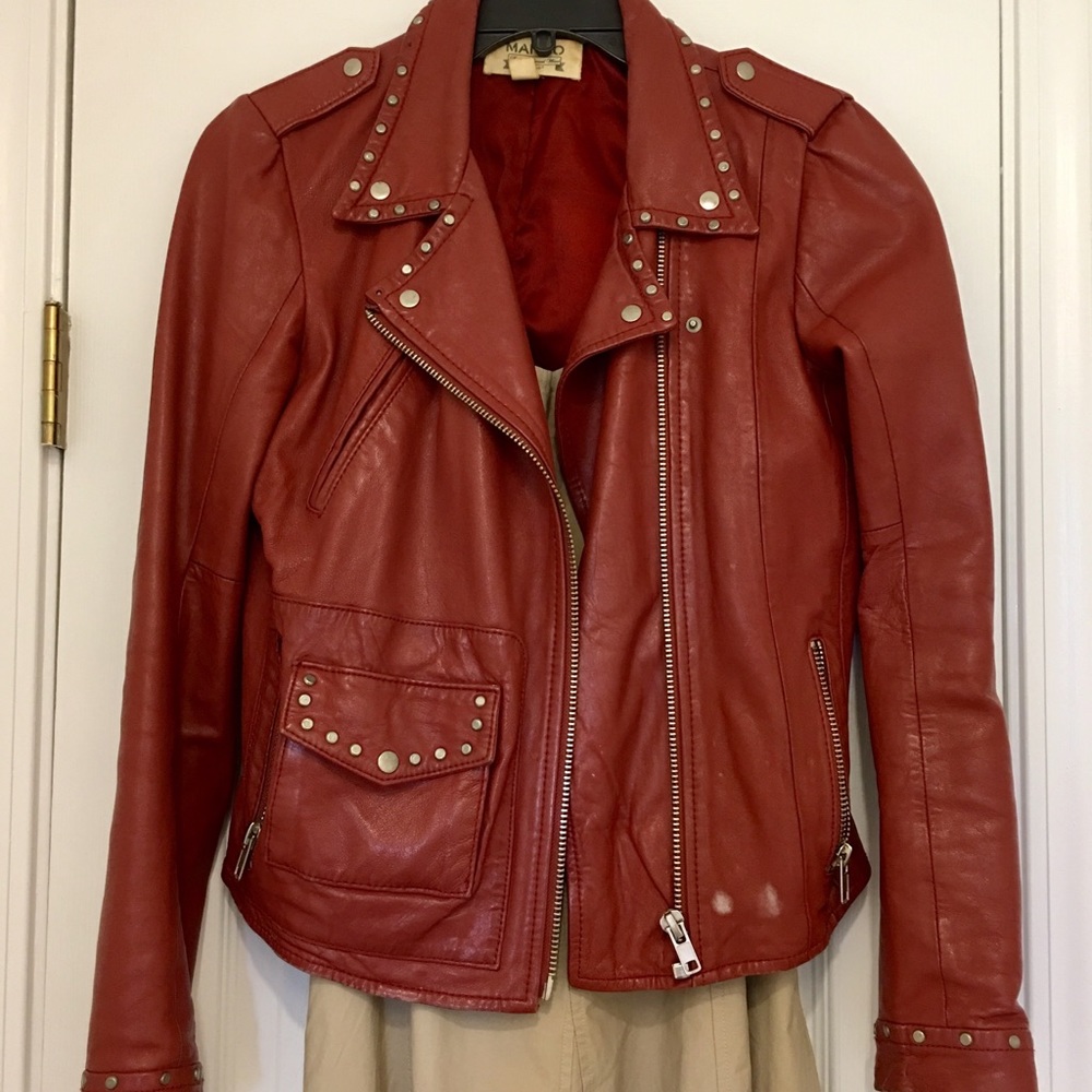 Mango women 100% leather red biker jacket